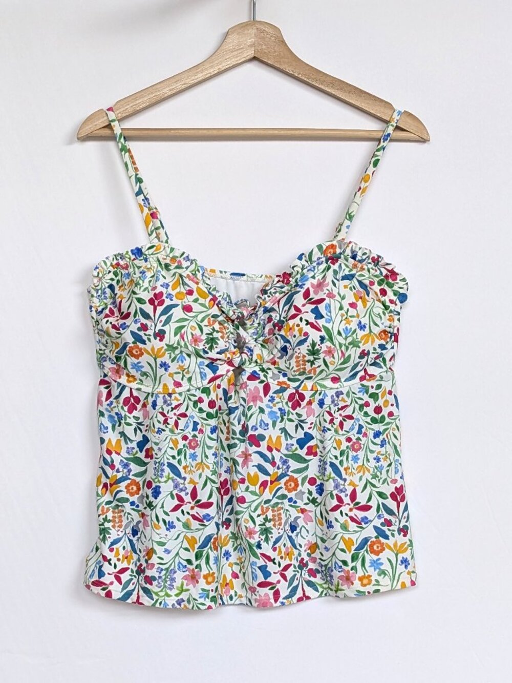 Time & Tru Women's XL Tie Front Floral Tankini Swim Top Only Ruffle  Adjustable